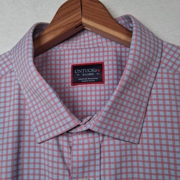 UNTUCKit Shirt Men Large Performance Stretch Short Sleeve Blue Pink Plaid - Picture 4 of 11